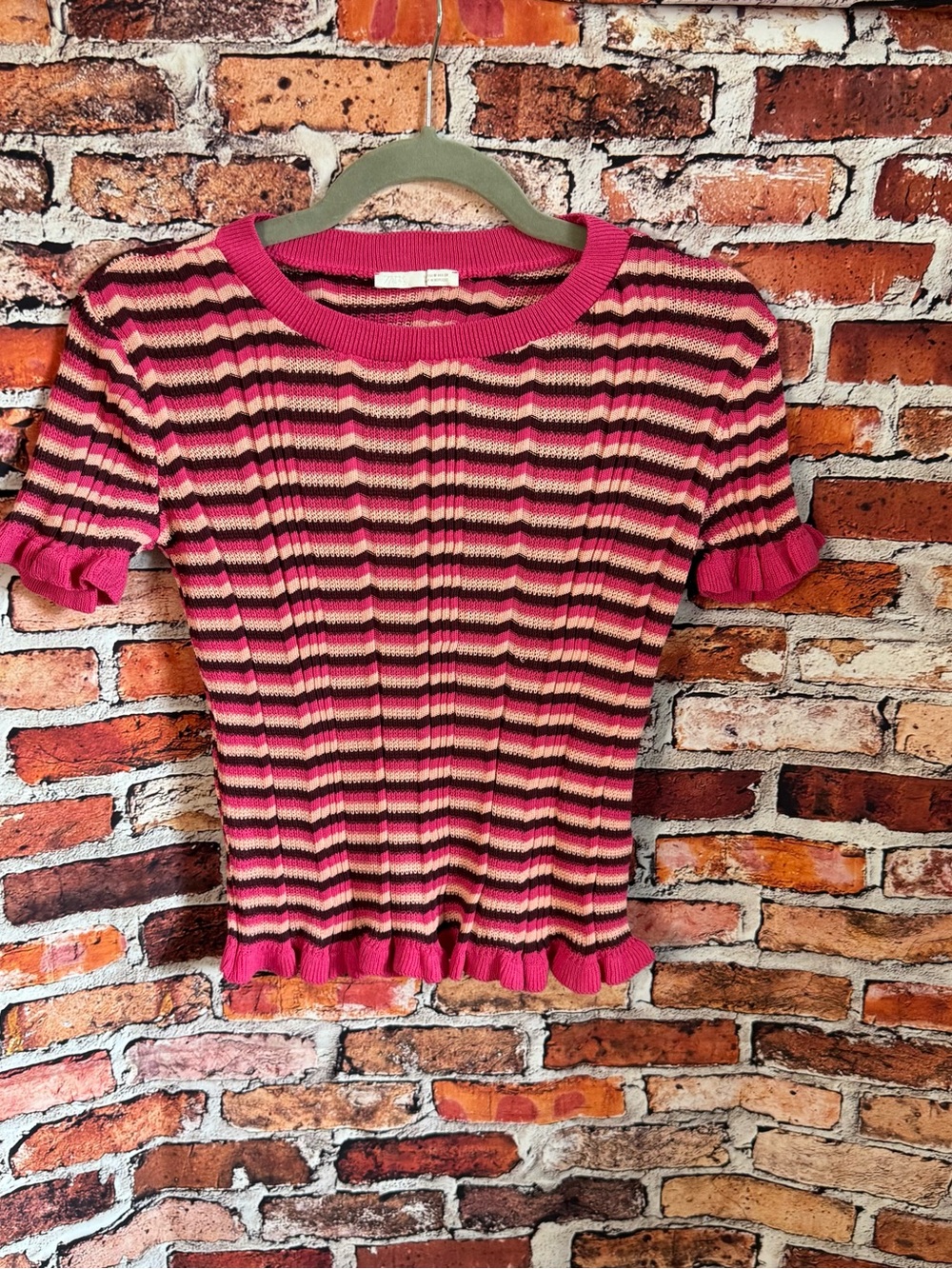 Zara Striped Knit Ruffle Trimmed Top Pink Brown Beige Short Sleeve Sz M